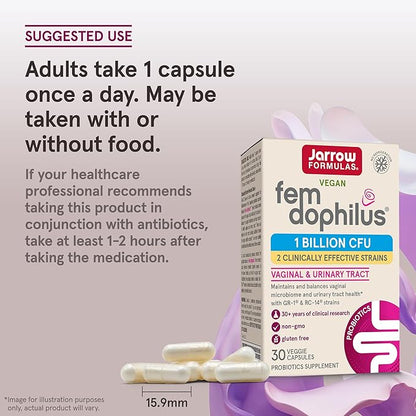 Jarrow Formulas Fem-Dophilus Probiotics 1 Billion CFU With 2 Science-Backed Strains, Dietary Supplement for Vaginal and Urinary Tract Support, 30 Veggie Capsules, Up to a 30 Day Supply, Shelf-Stable