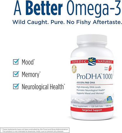 Nordic Naturals ProDHA 1000, Strawberry - 120 Soft Gels - 1660 mg Omega-3 - High-Intensity DHA Formula for Neurological Health, Mood & Memory - Non-GMO - 60 Servings