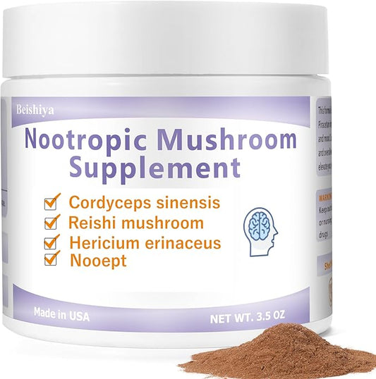 Nootropic Mushroom Supplement – Lion's Mane, Cordyceps, Reishi, Noopept | Boost Focus, Cognitive, Memory, Energy & Immune Health | Lion Mane Mushroom Supplement Powder, Purity 99.9+%