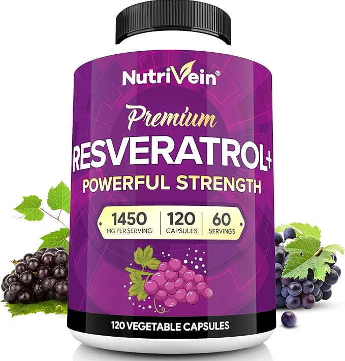 Nutrivein Premium Resveratrol 1450mg - 120 Caps: Pure Resveratrol Supplement Enhanced with Green Tea Leaf & Acai Berry - Aging, Defenses, Brain, and Joint Support