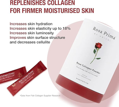Unichi Rose Collagen Peptides Powder, Hydrolysed Marine Collagen Type I, III with Vitamins A, C, E in Rose Petal Powder for Hair, Nails and Skin Health, 0 Sugar, 0 Fat, Rose Petal Flavour, 30 Servings