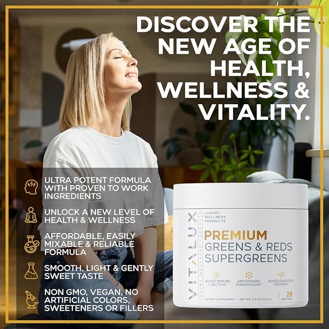 VITALUX || #1 Rated Premium Greens & Reds Superfood Powder || Immune Function, Added Antioxidants, Loaded w/ Digestive Enzymes | 17 Powerful Ingredients | 3rd Party Tested, Vegan + USA Made - 28 Days