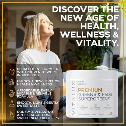 VITALUX || #1 Rated Premium Greens & Reds Superfood Powder || Immune Function, Added Antioxidants, Loaded w/ Digestive Enzymes | 17 Powerful Ingredients | 3rd Party Tested, Vegan + USA Made - 28 Days