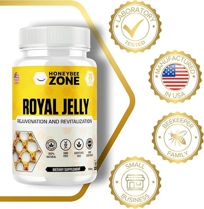 Royal Jelly Capsules – 500 mg Energy, Glowing Skin and Brain Booster Supplement | Non-GMO, Gluten-Free, 60 Easy-to-Swallow Veggie Capsules