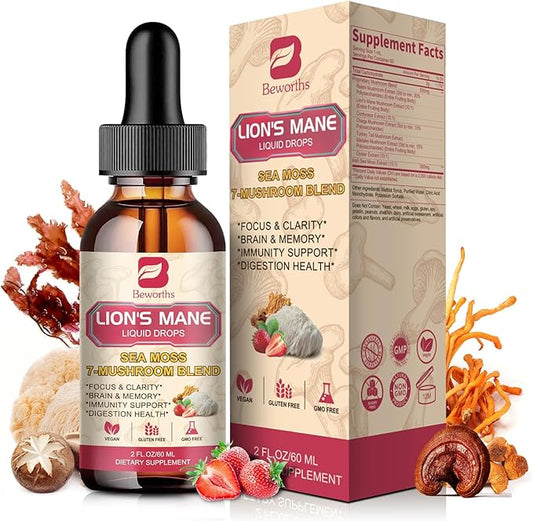 Lions Mane Supplement Mushroom Drops with 6-Mushroom Complex & Irish Sea Moss – Vegan Lion's Mane Liquid for Cognitive Support, Immune & Digestive Health – Dual Extraction, Non-GMO, Strawberry Flavor