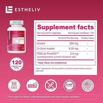 Inositol Ovarian Health Support 120 VegeCaps Supplements for Women,Myo-Inositol to D-Chiro-Inositol Dietary Supplement