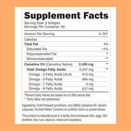 Zippi Omega 3-6-7-9 Camelina Softgels - Plant Based Omega 3-6-7-9 Fatty Acid Supplement. Helps to Support Brain, Liver, Cardiovascular, Immunity and Joint Function