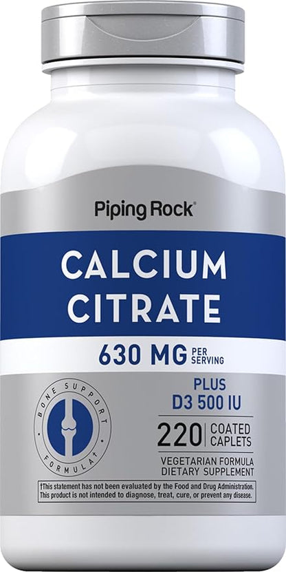 Piping Rock Calcium Citrate with Vitamin D3 | 630 mg | 220 Caplets | Supplement for Women and Men | Vegetarian, Non-GMO, Gluten Free