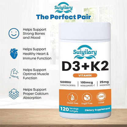 Vitamin D3 K2 Supplement with Vitamin D3 5000 IU, 100 mcg Vitamin K2, Plant Based 2-1 Formula for Bone, Teeth, Muscle and Immune Health Support,120 Softgel Capsules