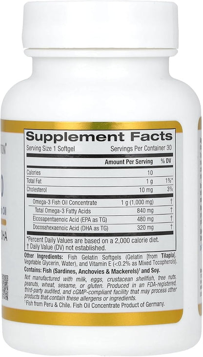 California Gold Nutrition Omega 800 Ultra-Concentrated Omega-3 Fish Oil, kd-pur Triglyceride Form, 1,000 mg, 30 Fish Gelatin Softgels