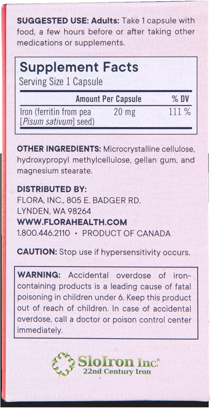 Flora Ferritin+ Delayed-Release Iron Supplement - Plant-Based Iron Supplement - Blood Cell & Energy Support - Vegan & Gluten-Free - Amber Glass Bottle - 60 Vegan Capsules