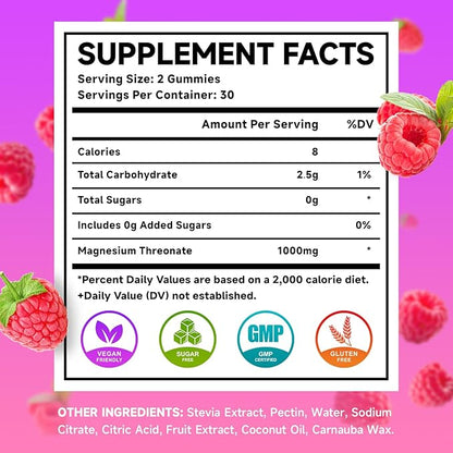 Magnesium Threonate Gummies 1000mg, Magnesium L-Threonate Supplement for Kids & Adults, Muscle & Nervous System Support, Non-GMO, Sugar-Free, Raspberry Flavor, 60 Count