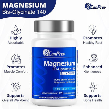 CanPrev Magnesium BisGlycinate Extra Gentle 140mg, 120 v-Caps 120-Day Supply - Pure Elemental Magnesium Supplement, Support Bone & Muscle Function, Gentle on Stomach, Perfect for Daily Magnesium Needs