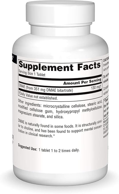 Source Naturals DMAE, Dimethylaminoethanol Bitartrate - Supports Mental Concentration - 100 Tablets