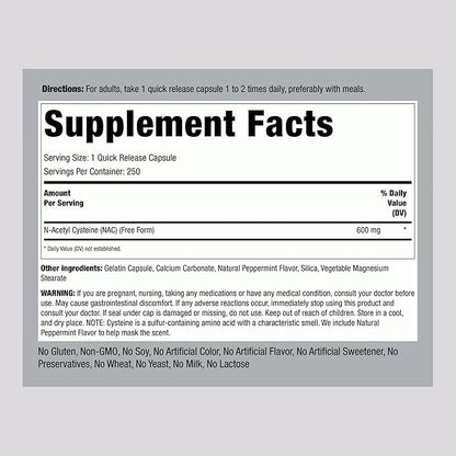 Piping Rock NAC Supplement N-Acetyl Cysteine | 600mg | 250 Capsules | Free Form | Non-GMO, Gluten Free Supplement