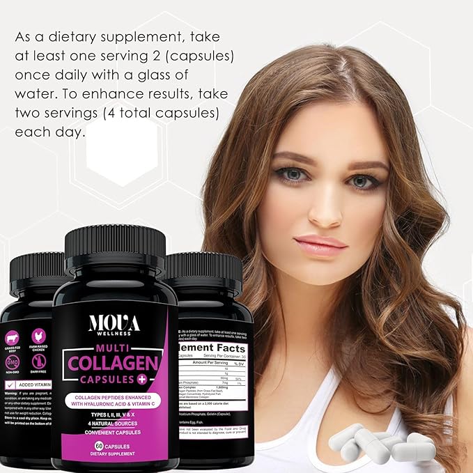 Multi Collagen Capsules with Vitamin C & Hyaluronic Acid - Types I, II, III, V & X - 60 Capsules