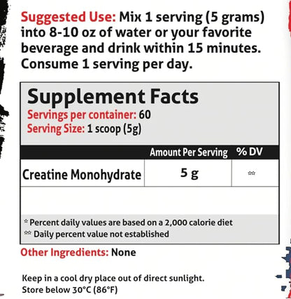 Creatine Monohydrate, Promotes Lean Muscle Growth, Unflavored, Aids Muscle Recovery, Post-Workout Supplement, Veteren Owned and Operated (60 Servings, Creatine Monohydrate)