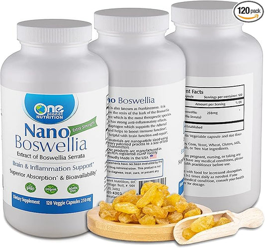 Nano Boswellia 250 mg Veggie Capsules (120 Servings), Boswellia serrata Resin, Supports Cognitive Function for Brain Health, Non-GMO, Vegan, Gluten-Free
