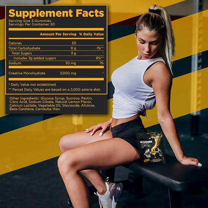 Creatine Monohydrate Gummies - Muscle Growth, Performance, Endurance - 5 Gram Creatine per Serving - Vegan, Non-GMO, Gluten-Free, Made in USA - 90ct - Lemon Flavor