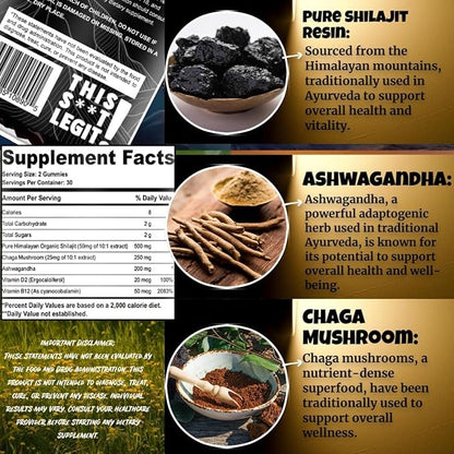 Shilajit Gummies I Lab Tested I No Added Sugar I Ashwagandha, Chaga Mushrooms | Fulvic Acid & 85+ Trace Minerals I for Men, Women I Non-GMO I 100% Natural & Organic I 60 Gummy