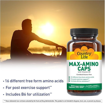 Country Life Maxi-Amino with 16 Free Form Amino Acids, 180 Vegetarian Capsules, Certified Gluten Free, Certified Vegetarian