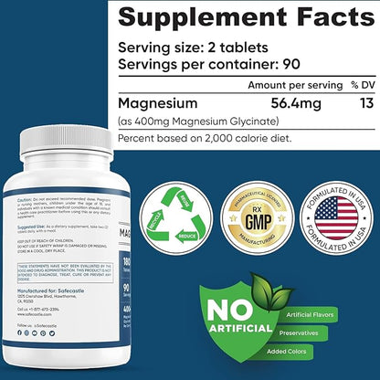 Magnesium Glycinate 400mg, 180 Tablets (Pack of 5) High Absorption, Non-GMO Magnesium for Muscle, Heart, Nerve & Bone Support | Promotes Cardiovascular Health, Made in USA (90 Servings per Bottle)