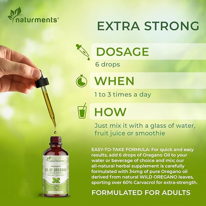 Naturments Oregano Oil Drops for Immune Support & Gut Health. Vegan, Non-GMO, Sugar Free & Gluten Free Organic Wild Mediterranean Oregano Oil with Organic Extra Virgin Olive Oil - 1 Fl Oz 30 Ml