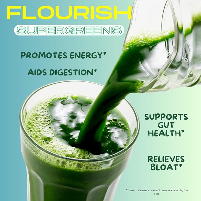 Flourish Super Greens. Greens Powder Mix for Energy,with Chlorella Organic Spirulina, Beet Root Powder, Enzymes & Probiotics, Original, 30 Servings