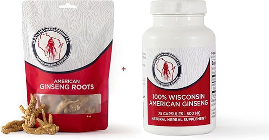 Dairyland American Ginseng Roots 4 oz and Capsules 75 ct Pack of Wisconsin Ginseng – Direct from Farmer to Consumer 西洋参