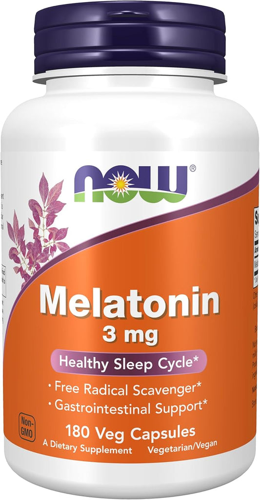NOW Foods Supplements, Melatonin 3 mg, Free Radical Scavenger*, Healthy Sleep Cycle*, 180 Veg Capsules