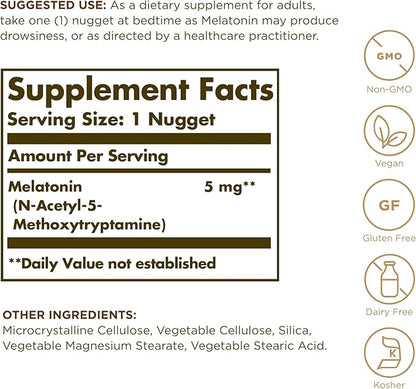 Solgar Melatonin 5 mg - 60 Nuggets - Helps Promote Relaxation & Rest - Non-GMO, Vegan, Gluten Free, Dairy Free, Kosher - 60 Servings