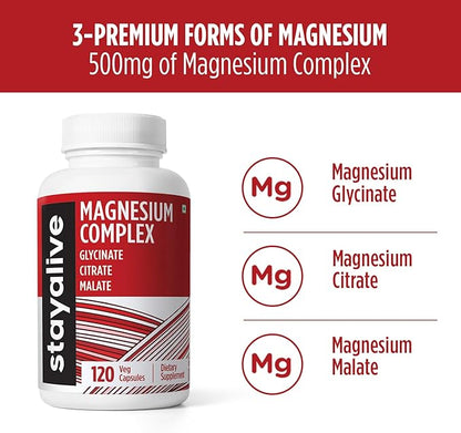 STAY ALIVE Triple Magnesium Complex Supplement 500mg, Chelated Glycinate, Citrate & Malate Powder, High Absorption Magnesium for Women and Men, 120 Pills, Non-GMO & Gluten-Free Capsules