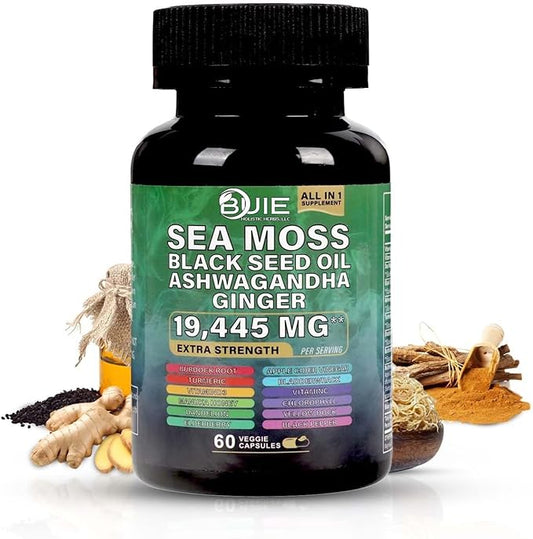 BUIE Sea Moss Capsules (Ginger) | Irish Moss with Black Seed Oil, Ashwagandha & Ginger | Seamoss Superfood for Energy, Immunity, Joint & Skin Health | Vegan, Non-GMO | 60 Capsules