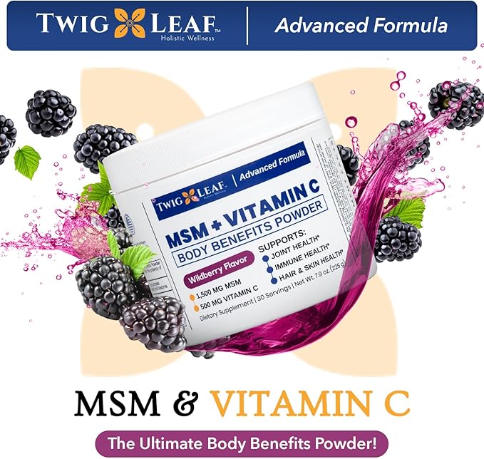 Twig & Leaf MSM + Vitamin C Powder - MSM Powder for Hair Growth & Nail Strength - MSM Supplement for Joint Flexibility - Wildberry MSM Sulfur Powder 30 Servings Non-GMO & Gluten Free - 7.9 Oz