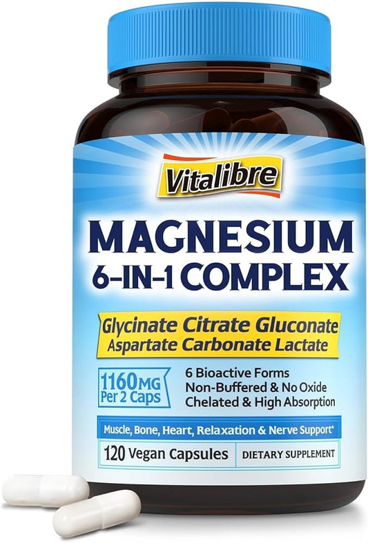 Magnesium Complex Supplement 6 in 1, 1160mg Chelated Magnesium for Max Absorption, Help with Better Sleep, Muscle Relax & Nerve Calm, 120 Vegan Capsules, Non GMO & Gluten Free