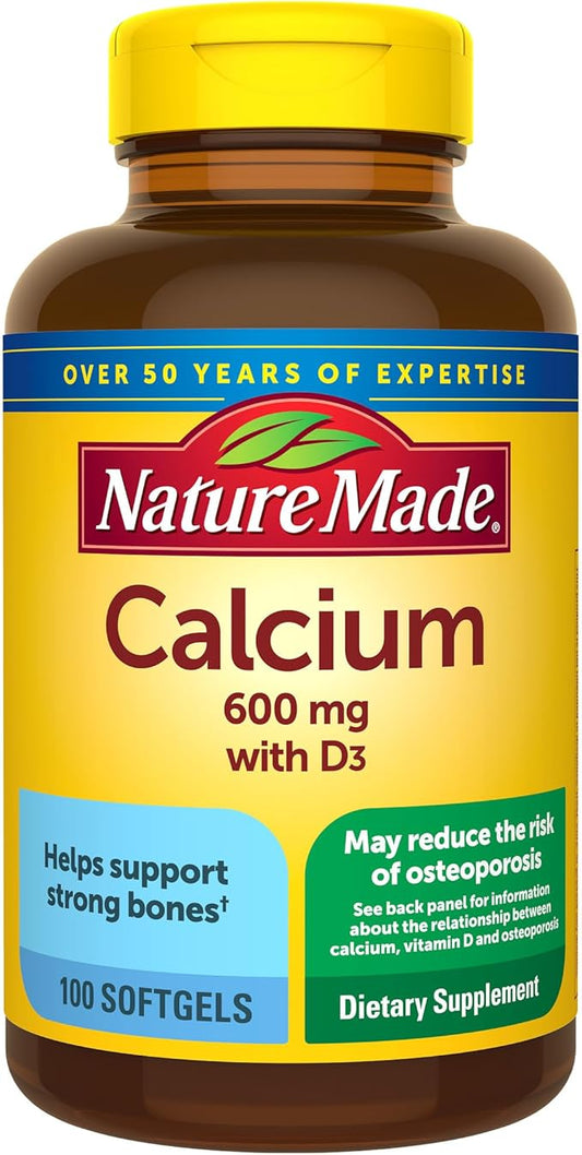 Nature Made Calcium 600 mg with Vitamin D3, Dietary Supplement for Bone Support, 100 Softgels