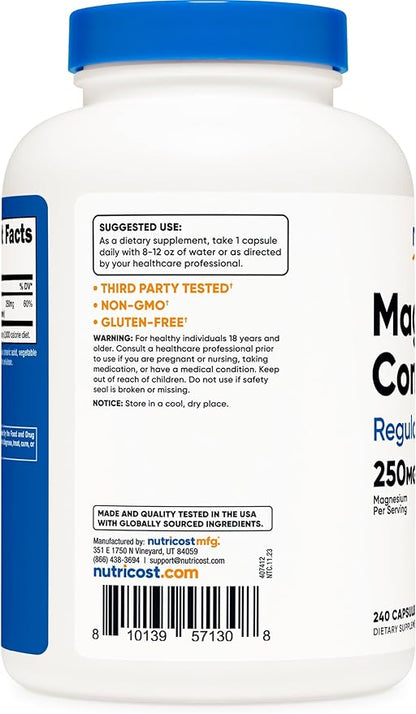 Nutricost Magnesium Complex 250mg, 240 Capsules - Magnesium Oxide, Citrate, and Glycinate - Gluten Free and Non-GMO