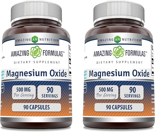 Amazing Formulas Magnesium Oxide 500 mg Capsules Supplement | Non-GMO | Gluten Free | Made in USA (90 Count | 2 Pack)