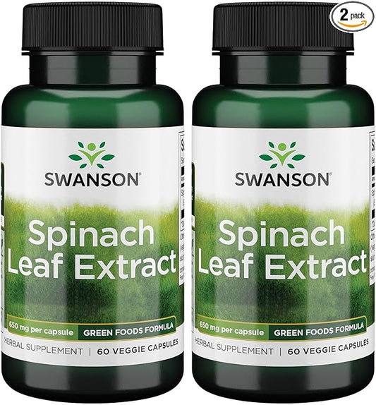 Swanson Spinach Leaf Extract - Herbal Supplement Promoting Overall Health - Green Foods Formula w/Beneficial Thylakoids & Chlorophyll - (60 Veggie Capsules, 650mg Each) (2 Pack)