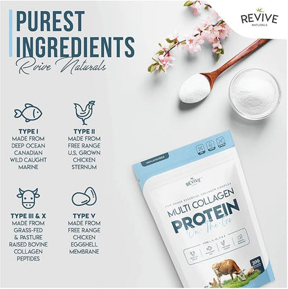 Revive Naturals Multi Collagen Hydrolyzed Powder Bag (4oz) - Types I, II, III, V & X - Grass Fed Bovine, Free Roaming Chicken & Eggshell Collagen Peptides, Non-GMO, GF.