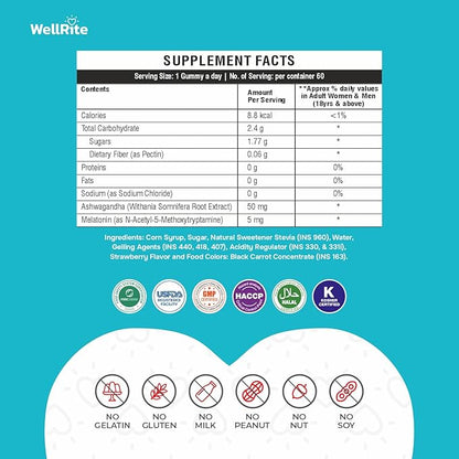 Relax Gummy Vitamins with Ashwagandha & Melatonin, 60 Count, Strawberry Flavored, Vegan, Gelatin Free, Gluten Free, Nut Free, Relaxes Mind, Soulful Sleep
