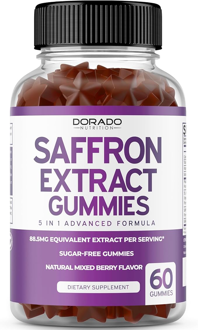 Saffron (60 Gummies) Premium 5 in 1 Advanced Formula - Delicious Raspberry Flavor and Glucosamine Chondroitin Joint Supplement (60 Count) Joint Supplements for Men & Women - Vegan Safe & Made in USA