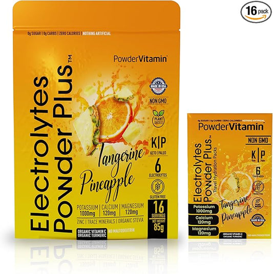 Electrolytes Powder Plus, Keto, Tangerine Pineapple, Sugar Free, Pink Himalayan Salt, 1000mg Potassium, 120mg Calcium, 120mg Magnesium, Non-GMO, Zero Calories, (16 Hydration Packets)