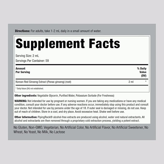 Piping Rock Korean Red Ginseng Liquid Extract | 4 Fl Oz | Panax Root Extract | Alcohol Free Tincture | Vegetarian, Non-GMO, Gluten Free Supplement