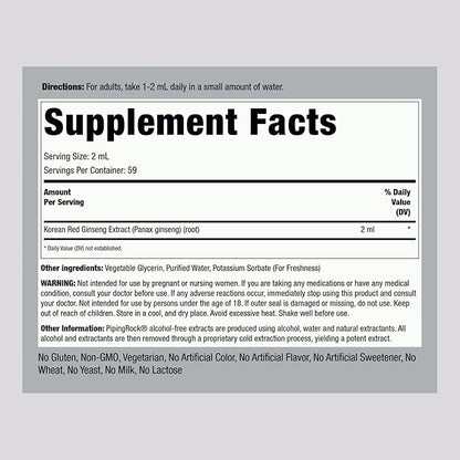 Piping Rock Korean Red Ginseng Liquid Extract | 4 Fl Oz | Panax Root Extract | Alcohol Free Tincture | Vegetarian, Non-GMO, Gluten Free Supplement