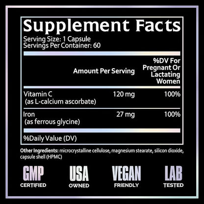 Iron Supplement, Ferrous Bisglycinate, Gentle, with Vitamin C as L-Calcium Ascorbate, During Pregnancy by Undone by Nature, 100% Daily Value, Blood Builder, 60 Vegan Caps