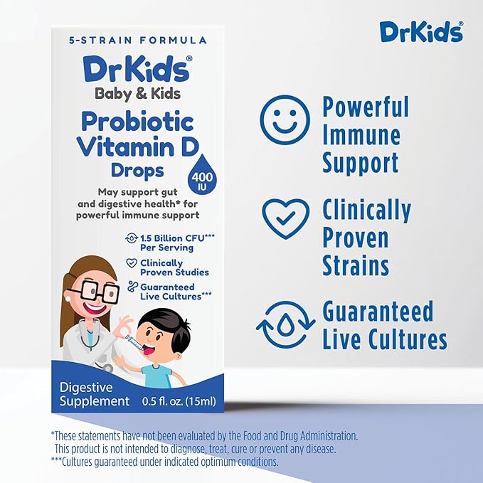 DrKids Probiotic Vitamin D Drops - Supports Infant & Child Gut Health, Helps Reduce Gas, Colic & Fussiness, Baby Probiotic Drops with Vitamin D3, Pediatrician Recommended, Unflavored, 15ml (Pack of 1)