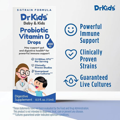 DrKids Probiotic Vitamin D Drops - Supports Infant & Child Gut Health, Helps Reduce Gas, Colic & Fussiness, Baby Probiotic Drops with Vitamin D3, Pediatrician Recommended, Unflavored, 15ml (Pack of 1)