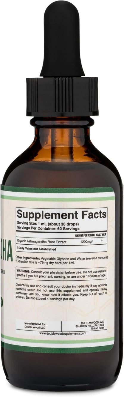 Ashwagandha Organic Drops for Stress Relief (1,200mg, 60 Servings) Ashwagandha Tincture for Adrenal Support and Cortisol Manager (Vegan Safe, Gluten Free, Non-GMO) by Double Wood