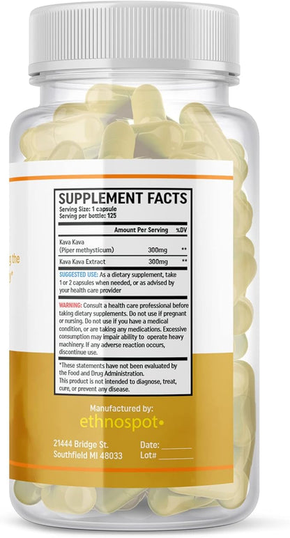 Kava Kava Root Calming Supplement Capsules – Supports Relaxation and Mood Balance with Natural Herbal Kava Extract – Non-Habit Forming, Gluten-Free – 125 Vegan Capsules